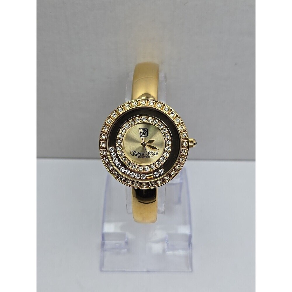 Victoria Wieck Floating Crystal Cuff Watch Gold Womens Bangle Quartz New Battery